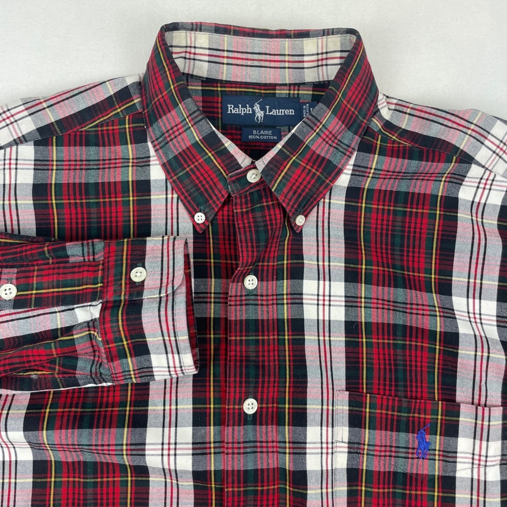 Ralph Lauren Blaire Mens Large Red Plaid Cotton Button Down Shirt Long Sleeve